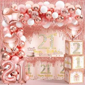 lot 11812 image: 21st Birthday Decorations for Her Rose Gold Happy 21st Birthday Decorations for Women Include Balloon Boxes Backdrop Tablecloth Crown Sash Cake Topper Balloon Set for 21st Party Supplies