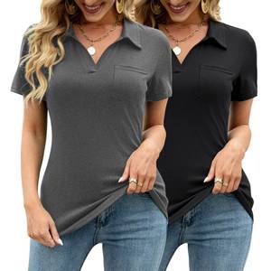 lot 12294 image: Womens Short Sleeve Polo Shirts Pack of 2 Loose Business Casual Tops Work Blouses V Neck Summer Tunics BlackGray L