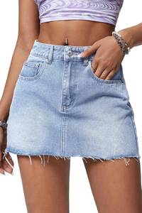 lot 12301 image: ELLEVEN Mini Jean Skirts for Women Denim Trendy Low Waisted Denim Skirt Casual High Stretchy Raw Hem Y2K Button A Line Jean Skirts with Pockets Light Blue Denim Small