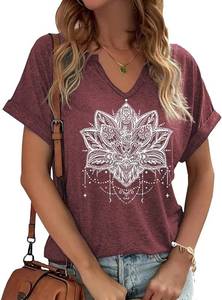 lot 12311 image: Earlymemb Women Mandala V Neck Shirt Casual Lotus Flower Printed Short Sleeve Tee Summer Graphic Tee Blouse(M,D-Purple)