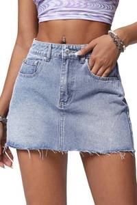 lot 12312 image: ELLEVEN Mini Jean Skirts for Women Denim Trendy Low Waisted Denim Skirt Casual High Stretchy Raw Hem Y2K Button A Line Jean Skirts with Pockets Blue Denim Small