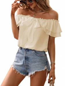 lot 12315 image: SweatyRocks Womens Off Shoulder Ruffle Trim Knot Front Blouse Tiered Layer Butterfly Short Sleeve Chiffon Tops Solid Apricot Large