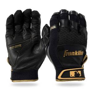 lot 12322 image: Franklin Sports MLB Baseball Batting Gloves - Shok-Sorb X Batting Gloves for Baseball  Softball - Adult  Youth Padded Non-Sting Pair - Black  Gold - Youth Large