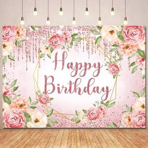 lot 12350 image: Ayayiya Pink Floral Birthday Backdrop Blush Decorations, Rose Gold Glitters Happy Birthday Backdrops Banner Flowers Photography Background for Women Girls Bday Party Photo Booth Supplies 7x5ft