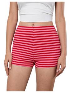 lot 12358 image: MakeMeChic Womens Stripes Pattern Knitted Shorts Elastic Waist Skinny Fit Track Shorts Red Large