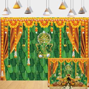lot 12374 image: Indian Pooja Traditional Backdrop Diwali Ganpati Ganesh Marigold Puja Photography Background Green Banana Leaves Adult Religious Service Weeding Decorations 7x5FT