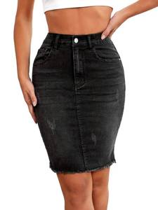 lot 12395 image: Floerns Womens Casual High Waist Raw Hem Bodycon Pencil Denim Skirt Black Plain M