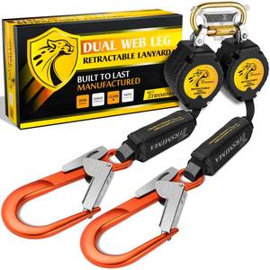 lot 15218 image: TRSMIMA Fall Protection Retractable Lanyard - 6FT Twin Leg Self Retracting Lanyard Tangle-Free Webbing Shock Absorber Dual Aluminum Pelican Rebar Hook Aluminum Carabiner OSHA ANSI - Retail $208.27