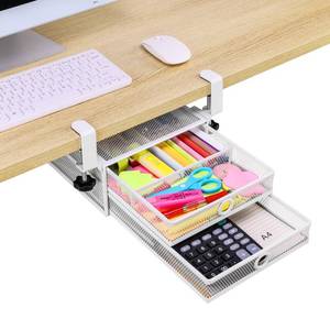 lot 15219 image: ROSLINE Under Desk Drawer Organizer, Clamp On 2 Tier Slide Out Mesh Storage Drawer, Metal Under Desk Storage for Home and Office (White - 2 Tier)