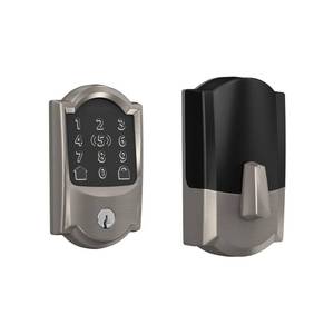 lot 15224 image: Schlage BE499WB CAM 619 Encode Plus WiFi Deadbolt Smart Lock, Keyless Entry Touchscreen Door Lock with Camelot Trim, Satin Nickel - Retail $258.63