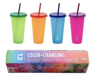 lot 15225 image: Manna 24oz Color Changing Reusable Cup Set - 12-Piece - Lime, Orange, Blue Sky, Pink