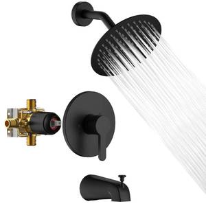 lot 15226 image: Lavatrum Premium Bathtub Shower Faucet Set With Valve High-Pressure Balancing Wall-mount 8 Inch Round Black Shower Head And Tub Spout For Barthroom (1.8GPM) - Retail $96.51