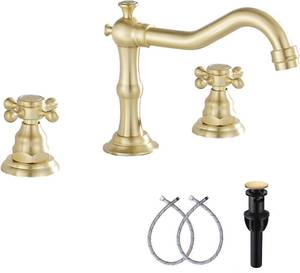 lot 15244 image: Brushed Gold Bathroom Faucet GGStudy 2 Handles 3 Holes Widespread Bathroom Sink Facuet Farmhouse Washingroom Faucet Mixer Tap