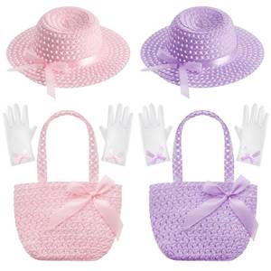 lot 15246 image: Zhanmai 6 Pieces Girls Tea Party Hats Bonnets Set Including Tea Party Hats Purse and Gloves with Bowknot (Pink, Purple)
