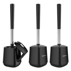 lot 15254 image: SetSail Toilet Brush and Holder 3 Pack, Self Closing Lid Toilet Bowl Brushes Holder Extra Long Handle Ventilated Toilet Brush Set for Bathroom Cleaning, Nylon Bristles, Black
