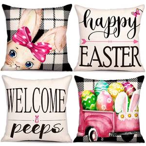 lot 16044 image: Geefuun Easter Pillow Covers 18x18 Set of 4 - Easter Decorations Throw Couch Pillow Cases for Home Holiday Linen Zipper Pillowcase Party Decor