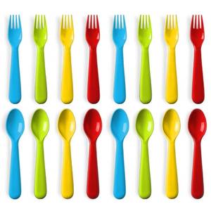 lot 16061 image: Plaskidy 16 Pc Plastic Toddler Utensils Set - 8 Kids Forks & 8 Kids Spoons, BPA FreeDishwasher Safe, Brightly Colored Silverware, Great for Toddlers