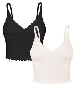 lot 16401 image: Sunzel Tank Top for Women, V Neck Cropped Seamless Ribbed Camisole with Ruffles for Workout Yoga Lounge (Black&Beige M-L)