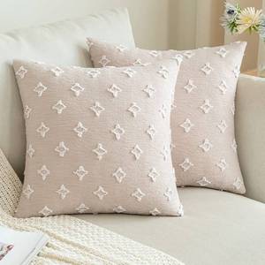 lot 16404 image: ANRODUO Pack of 2 Beige Boho Decorative Throw Pillow Covers with Tufted Rhombic Jacquard for Room Decor Boho Pillow Covers Decorations 16x16 Cute and Soft Pillowcase for Couch Sofa Bed and Living Room