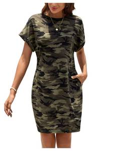 lot 16417 image: GORGLITTER Womens Camo Dress Short Sleeve Round Neck Tunic Dresses Green Large