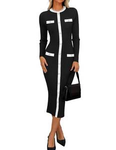 lot 16425 image: ZESICA Womens Ribbed Crewneck Sweater Dress 2024 Fall Winter Long Sleeve Button Color Block Knit Midi Dresses Black XL