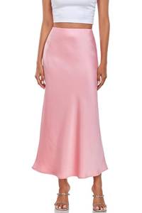 lot 16427 image: SITELUOYG Womens Silk Satin Maxi Skirt High Waist Elastic A Line Fishtail Elegant Work Elastic Long Skirts Pink