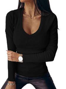 lot 16442 image: Fessceruna Womens Long Sleeve Shirts Tops Deep V Neck Ribbed Knit Fall Casual Slim Fit Basic Sexy T-Shirt 2024