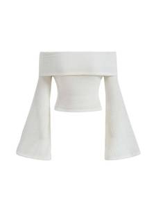 lot 16443 image: Verdusa Womens Off The Shoulder Sweater Bell Long Sleeve Slim Fitted Crop Tee Top White M