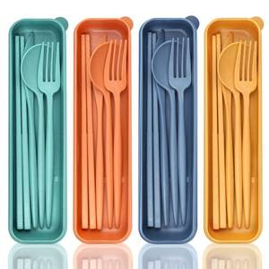 lot 16496 image: DISSKNIC Reusable Travel Utensils with Case, 4 Sets Wheat Straw Portable Cutlery Set Chopsticks Knives Fork and Spoon for Lunch Box Accessories, Camping Flatware Sets for Daily Use or Outdoor