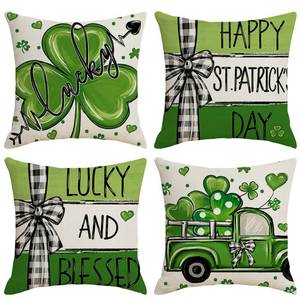 lot 16497 image: Ni-JASW St Patricks Day Pillow Covers 18 x 18 Inch Set of 4, Farmhouse Green Shamrock Heart Truck Buffalo Plaid Cushion Case for Sofa Couch