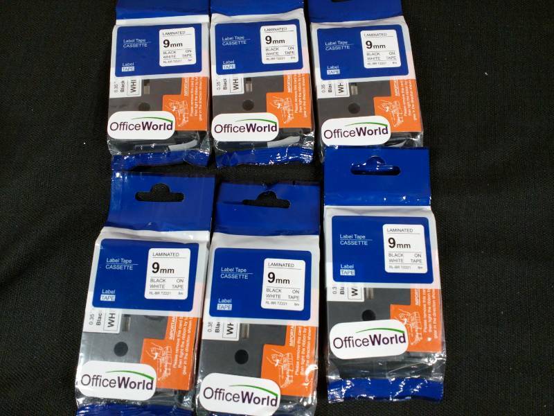 lot 44 image: Office World Cassette Label Tape 9mm Laminated Black on White