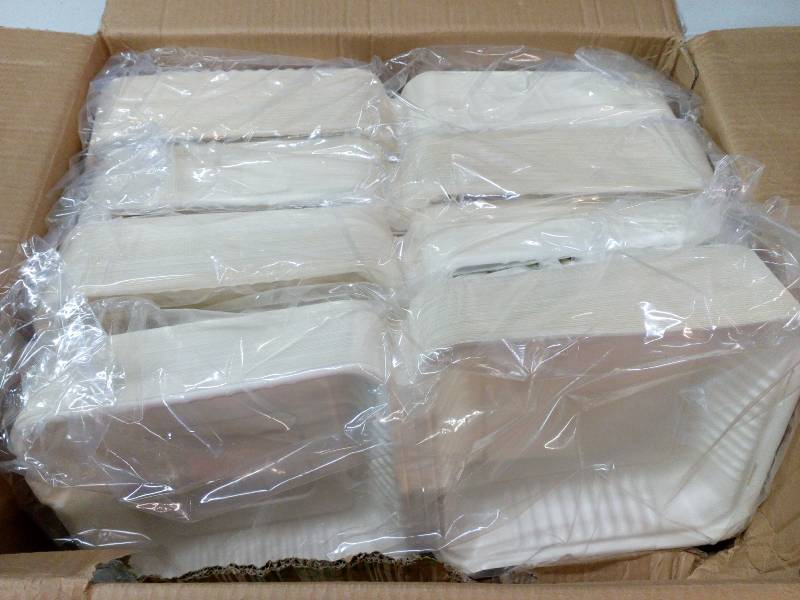 lot 227 image: Eco Hinged Sugarcane Clamshell Soak-Proof Carry-Out Food Containers