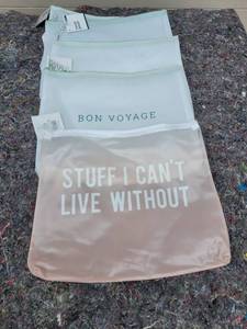 lot 243 image: Lot of 5 - Travel Pouch Set - Bon Voyage and Novelty Quote Bags with Tags