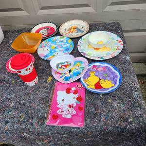 lot 284 image: Lot of Childrens Plates and Hello Kitty Ceramic Mug and Notebook