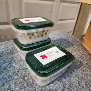 lot 331 image: LOT of 3 -Holiday Large Rectangle Food Storage Container - 64oz3ct - 9 Total