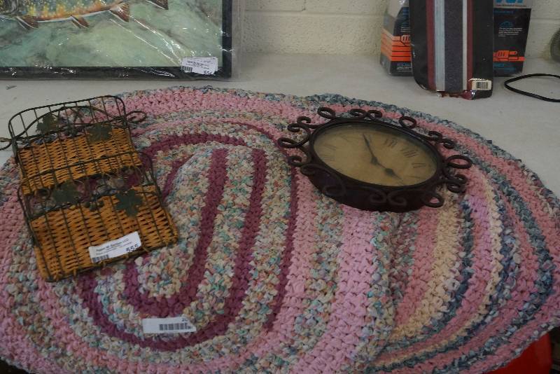 lot 555 image: Rag Rugs-Clock-Wicker and Wire LOT