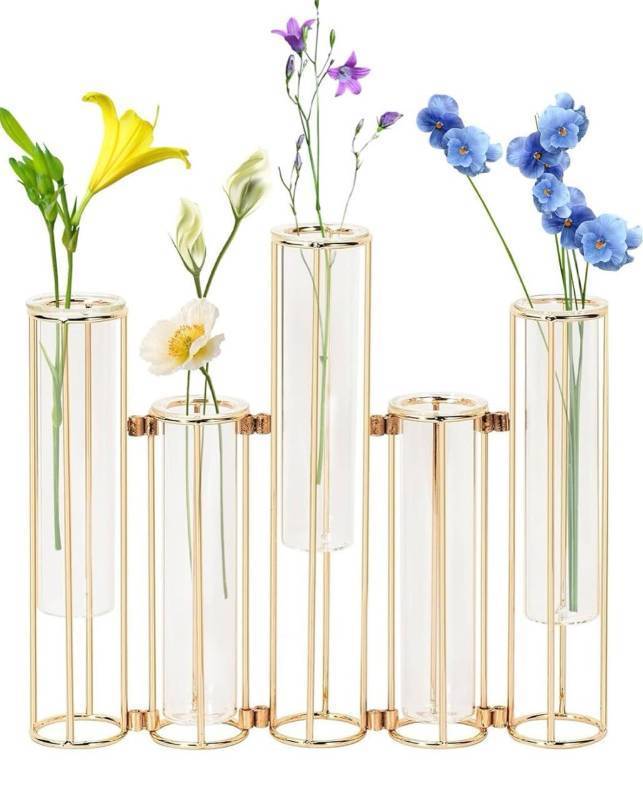 lot 50396 image: Test Tube Vase for Flowers Set of 5, Glass Vase with Metal Stand Racks Hydroponic Test TubeVase, Glass Vase with Metal Stand Racks Hydroponic Test Tube Vase for Home Wedding Decor, Balcony