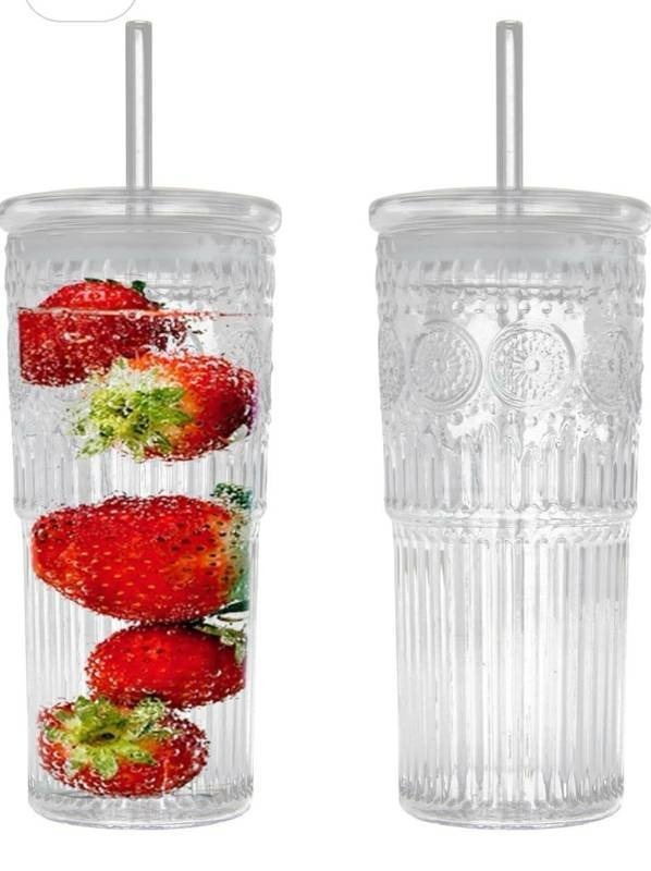 lot 51863 image: All Glass Iced Coffee Cup With Lids and Straws��24 OZ High Borosilicate Glass Tumbler for Water Smoothie Juice Drinks