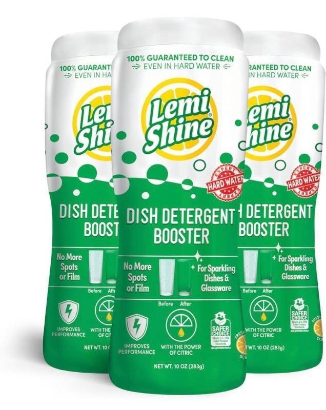 lot 51791 image: Lemi Shine Dish Detergent Booster, Hard Water Stain Remover, Multi-Use Citric Acid Cleaner 10 oz, Pack of 3