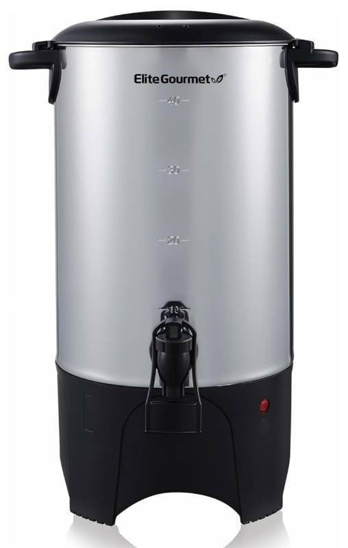 lot 32692 image: Elite Gourmet CCM040 Stainless Steel 40 Cup Coffee Urn Removable Filter For Easy Cleanup, Two Way Dispenser with Cool-Touch Handles Electric Coffee Maker Urn, Stainless Steel-Dent on the front, see pics, powers on when plugged in.