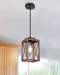 lot 41544 image: EWENWILS Farmhouse Pendant Light, Metal Hanging Light with Wood Grain Finish, 48 Inch Adjustable Tubes for Flat and Sloped Ceiling