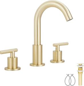 lot 41558 image: GGStudy 2 Handle 3 Hole Bathroom Faucet 360 Swivel Vantity Brushed Gold Bathroom Faucet with Pop Up Drain