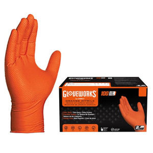 lot 41574 image: GLOVEWORKS Heavy Duty Orange Gloves for Mechanics, Auto, Nitrile, XXL 100 -2 boxes