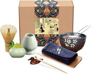 lot 41579 image: Artcome Traditional Japanese Matcha Tea Set, Matcha Whisk, Traditional Scoop, Matcha Bowl and Organizer, Ceramic Whisk Holder