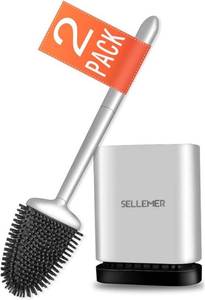 lot 41594 image: Sellemer Toilet Brush and Holder Set for Bathroom, Flexible Brush Head with Silicone Bristles