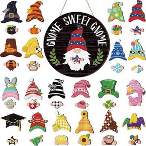 lot 41603 image: Wenqik 41 Pieces Interchangeable Gnome Decorations, Wooden Seasonal Gnome Decorations, Detachable Magnetic Hat and Hand-Missing some pieces