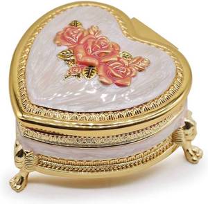 lot 41627 image: Vintage Classic Heart Shaped Metal Jewelry Box Trinket Storage Organizer Christmas Gift, Gold & Pink