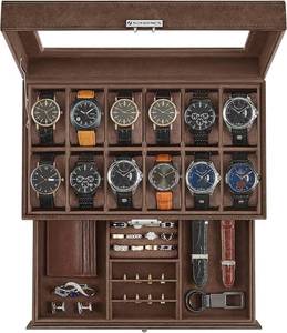 lot 41635 image: 12-Slot Watch Box, Lockable Watch Case with Glass Lid, 2-Layer Watch Box with 1 Drawer for Rings, Bracelets, Gift Idea, Brown Faux Leather