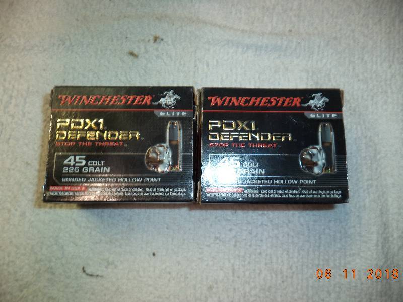 lot 2301 image: AMMO- Winchester .45 Colt 225 Grain- Bonded Jacketed Hollow Point-  2 Boxes PDX1 Defender