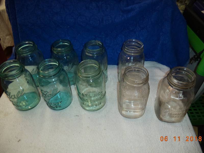 lot 2312 image: Canning Mason Jar Lot-  Blue Green Clear   9 total